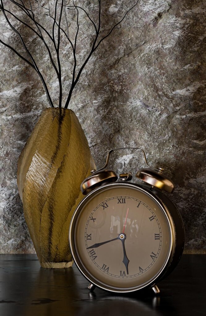 alarm, clock, vase, time, decor, decoration, 3d render